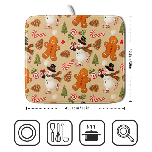 Xmas Gingerbread Man Candy Cane Dish Drying Mat for Kitchen Counter
