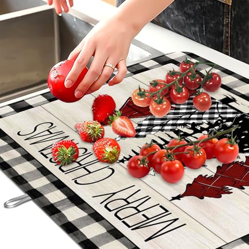 Christmas Tree Dish Drying Mat Buffalo Plaid Merry Christmas Absorbent Kitchen Drying Mat Polyester Dish Drying Pad for Kitchen Counter Farmhouse Coffee Bar Decor
