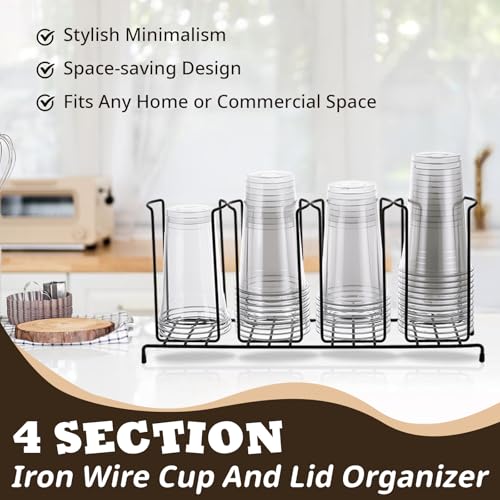2 Pcs 4 Section Coffee Cup Organizers 18.7 x 8.5 x 5 Inch Wire Rack Coffee Cup and Lid Holder Black Iron Lid Dispenser Countertops Station Organizer for Kitchen Storage Essentials (2 Count)