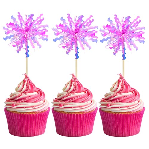 20Pcs Foil Firework Cupcake Toppers Happy Birthday Cake Toppers Sparkle Tinsel Flower Drink Stirrers Cocktail Food Fruit Toothpicks for Valentine's Day Party Supplies Rose Red (20 Count)