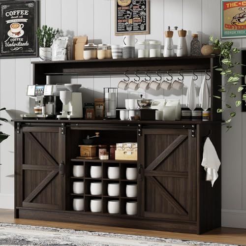 55" Farmhouse Coffee Bar Cabinet with Storage Hutch