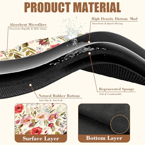 Vintage Flowers Coffee Mat Rose Berries Dish Drying Mat for Kitchen Counter Hide Stain Absorbent Rubber Backed Coffee Bar Accessories Fit Under Espresso Machine Dish Drainer