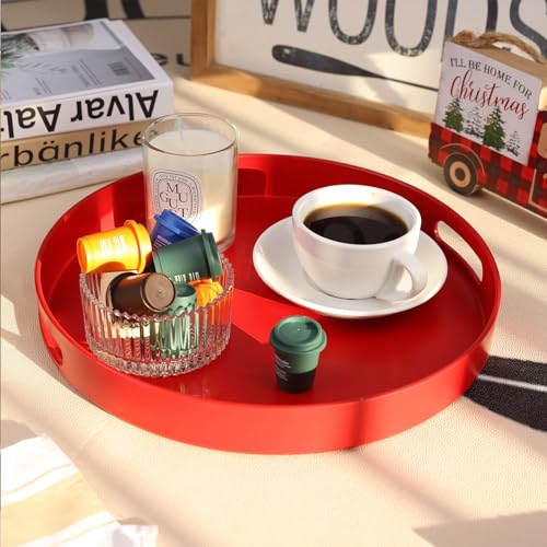 Round Red Decorative Serving Tray with Handles
