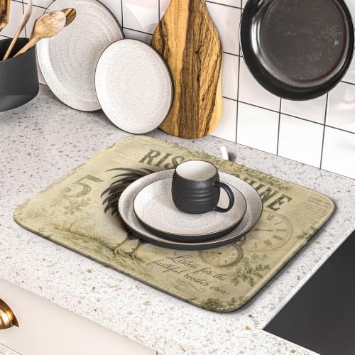 Farmhouse Rooster Dish Drying Mat 16 x 18 Inch with Hanging Loop High Absorbent Reversible Microfiber Dish Drying Pad Drainer Mat for Kitchen Counter Coffee Bar