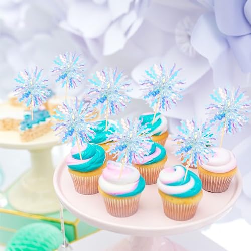 30 PCS Foil Firework Cupcake Toppers Sparkle Tinsel Cupcake Picks Happy Birthday Cake Toppers Drink Stirrers Cocktail Food Fruit Toothpicks for Baby Shower Wedding Party Decorations Supplies Blue (30 Count)