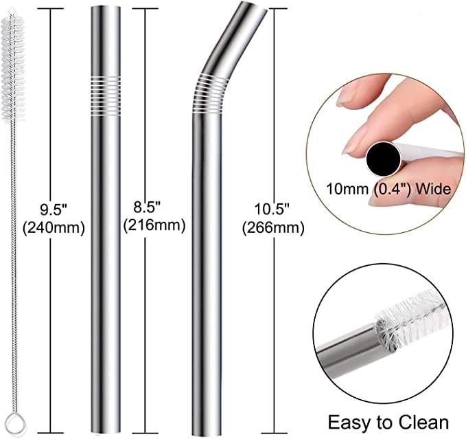 6 Pack 0.4" Wide Bore Reusable Stainless Steel Metal Smoothie Straws (6 Count)