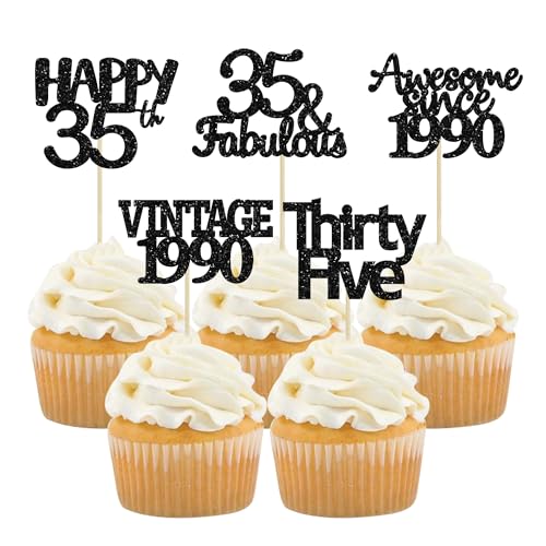 30 Pack Vintage 1989 Cupcake Toppers Black Glitter Thirty Five Happy 35 Cake Decorations Cheers to 35 Years Birthday Cupcake Picks 35th Birthday Anniversary Cake Decorations (30 Count)
