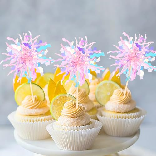 30 PCS Foil Firework Cupcake Toppers Sparkle Tinsel Cupcake Picks Happy Birthday Cake Toppers Drink Stirrers Cocktail Food Fruit Toothpicks for Baby Shower Wedding Party Decorations Supplies Pink (30 Count)