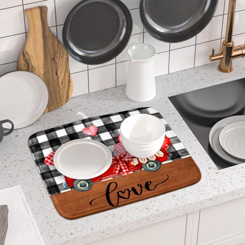 Valentine's Day Red Heart Truck Dish Drying Mat for Kitchen Counter