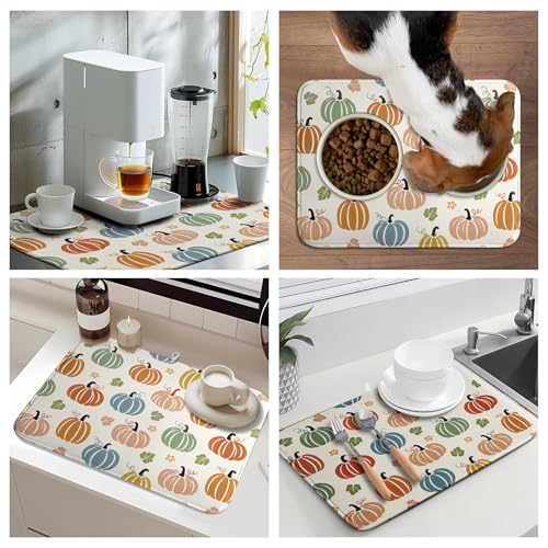 Fall Pumpkin Dish Drying Mats Thanksgiving Dish Mat Autumn Maple Leaves Drying Matt Dishes Dryer Pad for Kitchen Counter Absorbent Microfiber Washable Foldable Reusable 18x24 in