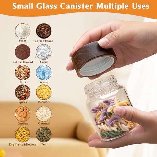 6 pc Glass Spice jars Glass Jars with Screw Lid 5 oz Acacia Wood Glass Herb Sugar Coffee Bean Ground Container Food Storage Canister for Candy Pantry Tea Seasoning Meal Prep Snack