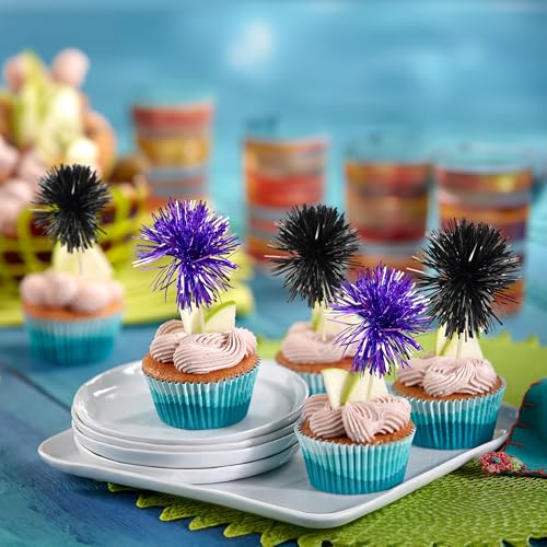 30Pcs Foil Firework Cupcake Toppers Sparkle Tinsel Cake Toppers Tinsel Drink Cake Decoration Cocktail Picks for Birthday Wedding Graduation Party Supplies Black Purple (30 Count)