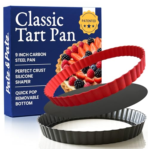 Classic Tart Pan 9 Inch Removable Bottom with Patented Silicone Crust Shaper