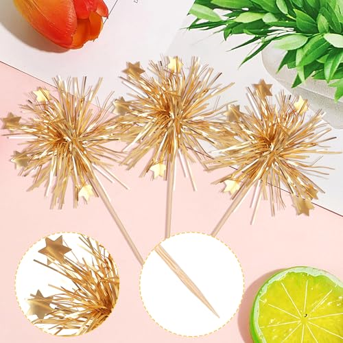 30 PCS Foil Firework Cupcake Toppers Happy Birthday Cake Toppers Star Sparkle Tinsel Flower Drink Stirrers Cocktail Fruit Toothpicks for Valentine's Day Baby Shower Birthday Party Supplies Gold (30 Count)