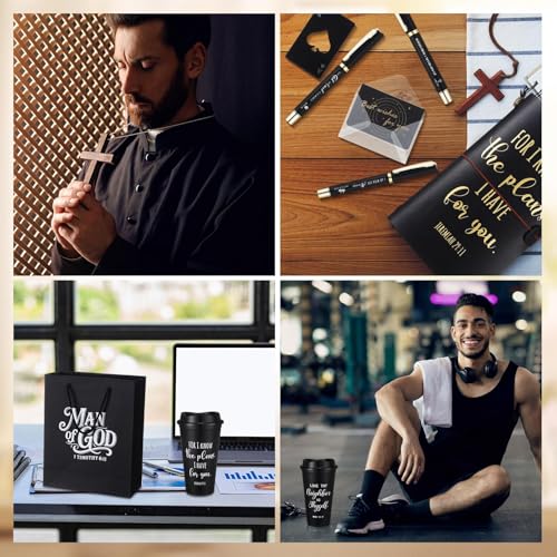 42 Pcs 6 Sets Christian Gifts for Men 16oz Reusable Religious Bible Coffee Cups with Lid Black Leather Notebook Socks Pen Card Man of God Bag Pastor Appreciation Gift with Bottle Opener (42 Count)