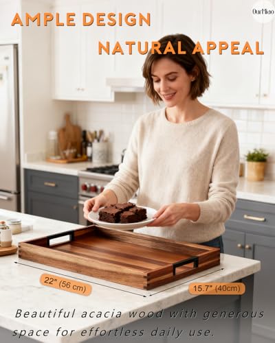 22 in Acacia Wooden Serving Tray with Black Metal Handles