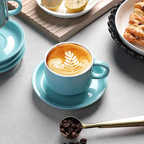 Sweejar Porcelain Cappuccino Cups with Saucers and Metal Stand (4 Count)