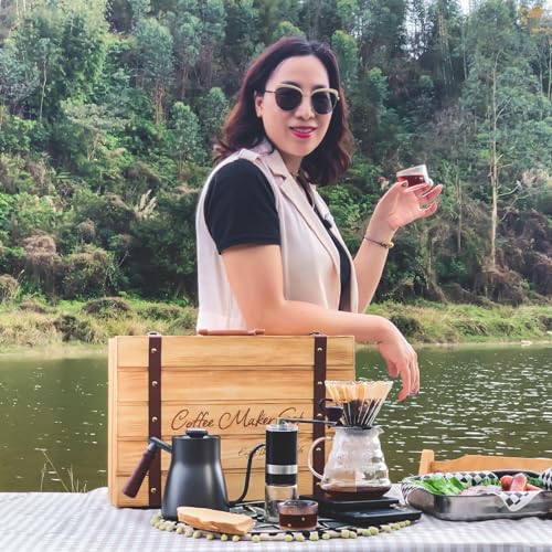 Pour Over Manual Coffee Maker Set 2 Cup Coffee Dripper with Wooden Suitcase Coffee Kettle Scale Bean Grinder All In 1 Traveling Camping Hiking