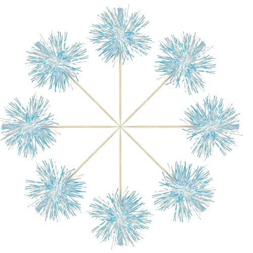 30Pcs Foil Firework Cupcake Toppers Sparkle Tinsel Cake Toppers Tinsel Drink Cake Decoration Cocktail Picks for Birthday Wedding Graduation Party Supplies Laser Blue (30 Count)