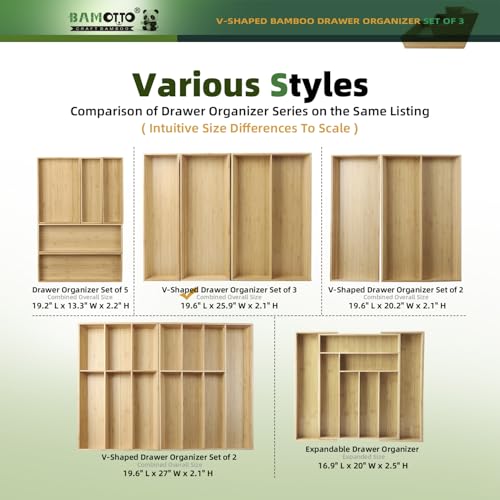 Large Long V Shaped Bamboo Drawer Organizer Set of 3 (78.4 Ounce)