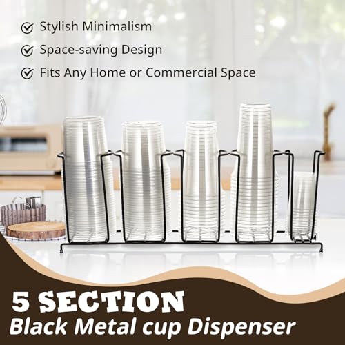 1 Pcs 5 Section Coffee Cup Organizers 23 x 5 x 8.5 Inch Wire Rack Coffee Cup and Lid Holder Black Iron Lid Dispenser Countertops Station Organizer for Kitchen Storage Essentials