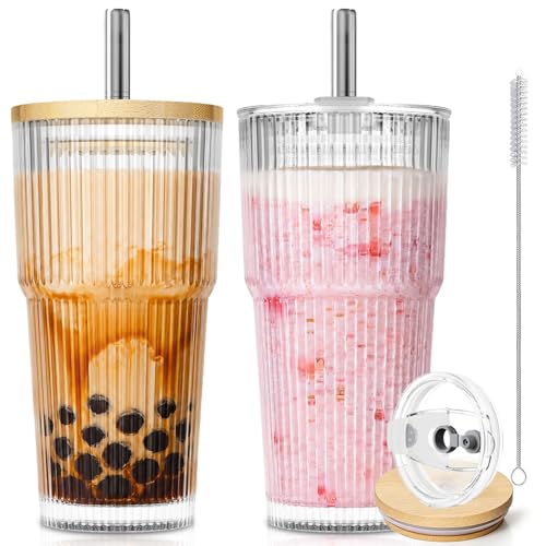 20oz Ribbed Glass Tumblers with Bamboo Lids & Straws