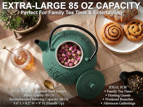 85 Oz XXL Green Bamboo Cast Iron Teapot