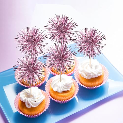 40 PCS Foil Firework Cupcake Toppers Sparkle Tinsel Cupcakae Picks Sparkler Fireworks Party Decorations Cocktail Fruit Toothpick for Birthday Wedding Graduation Party Decorations Supplies Pink (40 Count)