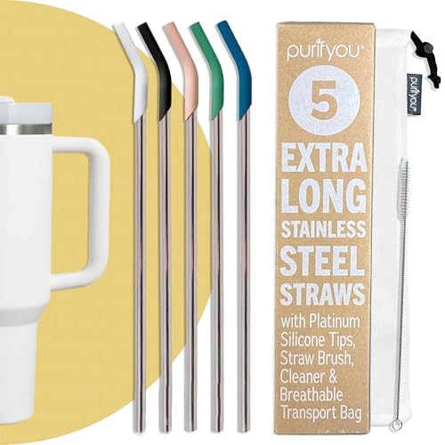 14.5" Extra Long Stainless Steel Drinking Straws with Silicone Tips (5 Count)