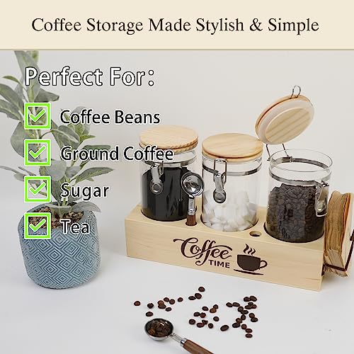 Glass Coffee Canister Set with Shelf & Spoons