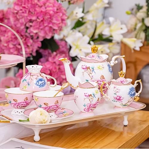 Pink Floral Porcelain Tea Set with 6 Cups and Saucers