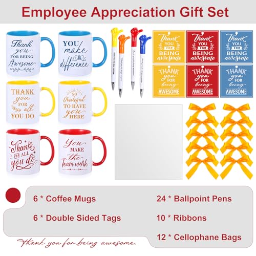 6 Set Employee Appreciation Gifts Include Thank You Staff Mug Gift Set 12 oz Appreciation Mugs Inspirational Pens Tags for Employee Staff Team Group (6 Count)