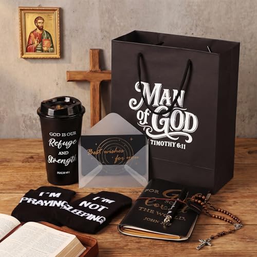 42 Pcs 6 Sets Christian Gifts for Men 16oz Reusable Religious Bible Coffee Cups with Lid Black Leather Notebook Socks Pen Card Man of God Bag Pastor Appreciation Gift with Bottle Opener (42 Count)