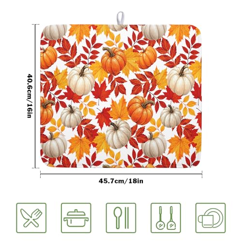 Fall Pumpkin Dish Drying Mat for Kitchen Counter 16x18 Inch Autumn Pumpkins Maple Leaves Drying Mats Thanksgiving Absorbent Reversible Dish Pad Fast Dry Drainer Mat Protector for Countertop Coffee Bar