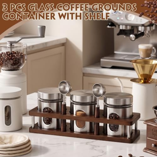 Stainless Steel Coffee Grounds Canisters with Shelf 3 x 20oz Sugar Coffee Bean Storage Container with Airtight Threaded Lid Glass Window Scoop Kitchen Jar Set for Bar Creamer Nut Tea (3 Count)