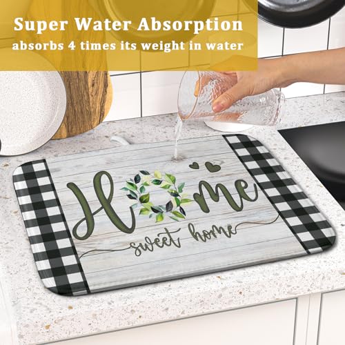 Home Sweet Home Dish Drying Mat 16x18 Inch Spring Summer Green Leaf Wreath Dish Drainer Mats Rustic Wood Board Microfiber Dish Drying Rack Pad for Kitchen Countertop Farmhouse Decor