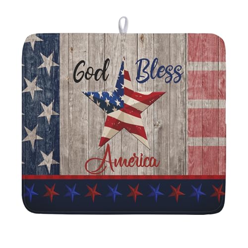 4th of July Dish Drying Mat 16x18 Inch Patriotic God Bless America Memorial Kitchen Mats Independence Day Absorbent Dishes Pad for Kitchen Counter USA Star Drying Mat Home Decor for Countertop