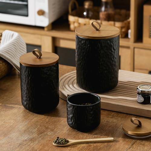 Black White Ceramic Coffee Canister Tea Canister with Seal Wood Lid (3 Count)