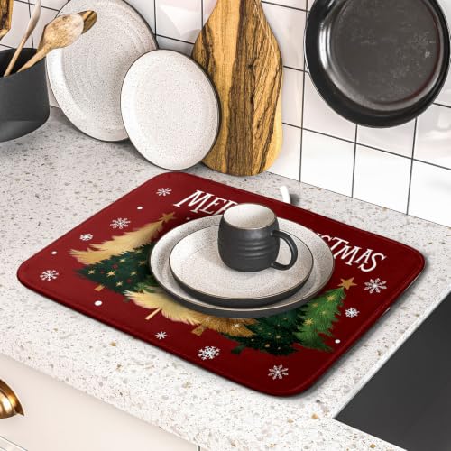 Xmas Tree Red Dish Drying Mat for Kitchen Counter