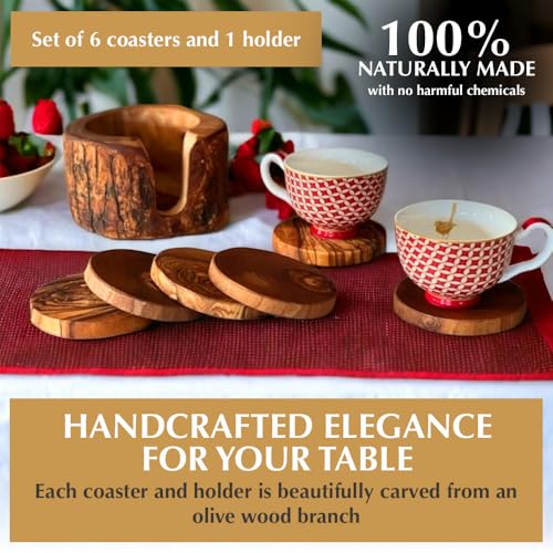 Olive Wood Coasters Set of 6 & Holder