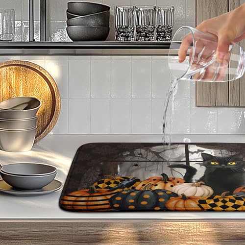 Halloween Black Cat Dish Drying Mat Fall Halloween Pumpkins Large Kitchen Mats Dish Drying Pad Absorbent Dish Dryer Mat for Kitchen Countertops Microfiber Drainer Pad Dish Drying Mats