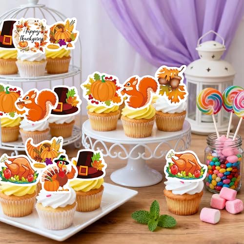 72PCS Edible Thanksgiving Day Cupcake Toppers Wafer Paper Autumn Food Cake Decorations Edible Pumpkins Cupcake Picks for Autumn Thanksgiving Party Birthday Decor Supplies