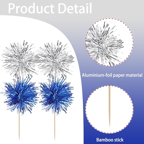 40 PCS Foil Firework Cupcake Toppers Sparkle Tinsel Cupcake Picks Fireworks Birthday Party Decorations Cocktail Fruit Toothpick for Birthday Wedding Graduation Party Decorations Supplies Silver Blue (40 Count)