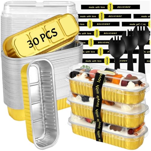 30 Pack Gold Mini Rectangular Aluminum Foil Loaf Pans with Lids 6.8oz (30 Count)