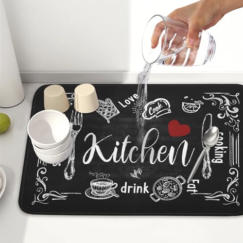 Black Coffee Bar Dish Drying Mats for Kitchen Counter 18x24 Inch