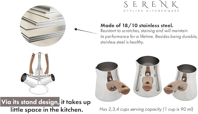 Serenk Turkish Coffee Pot Cezve, Milk Warmer, Ibrik Briki Greek Arabic Coffee Pot, Set of 3, Stovetop Coffee Maker, Turkish Cezve Traditional made of Stainless Steel, Rust Free w/Hanging Base