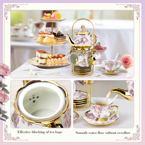 20 Pcs Porcelain Tea Set with Metal Holder (20 Count)