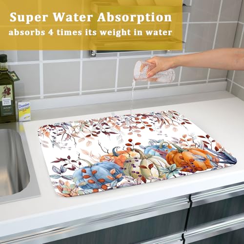 Orange and Blue Autumn Pumpkins Dish Drying Mat for Kitchen Counter