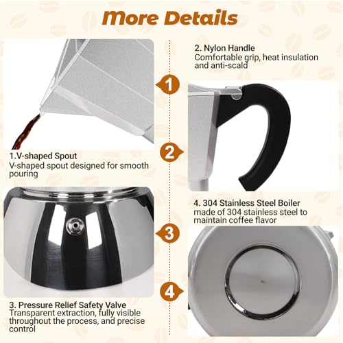 No Coating 6 Cup Aluminum and Stainless Steel Moka Pot Stovetop