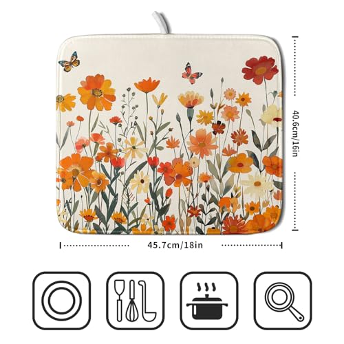 Fall Orange Wildflower Dish Drying Mat for Kitchen Counter